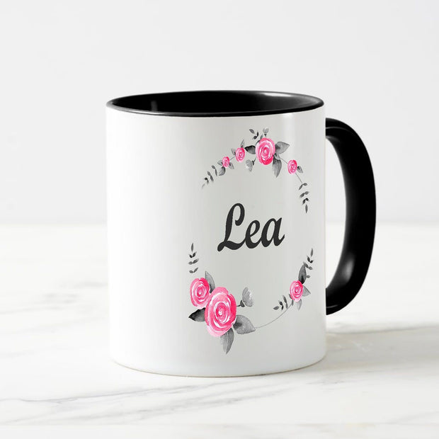 Name in Arc of flower black mug